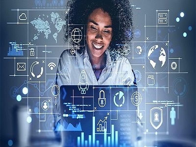 Smiling young African American businesswoman working in blurry office with double exposure of network interface. Toned image. Elements of this image furnished by NASA